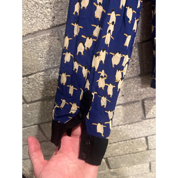 Maeve Penguin Print Button-Up Blouse Size 8 Blue & Beige With Black Accents - Picture 7 of 8